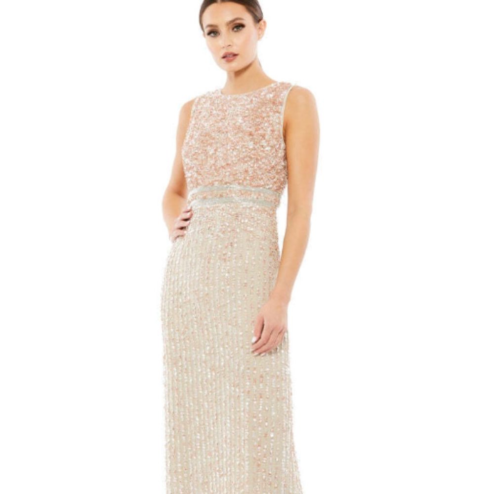 MAC DUGGAL VERTICAL SEQUIN COLUMN NUDE GOWN SZ 10